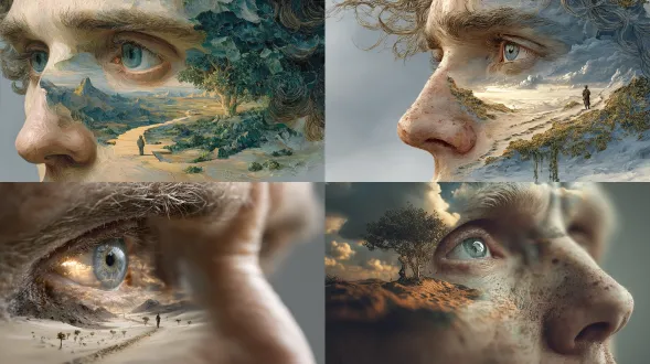 一幅超现实的男人头部肖像，真实的皮肤，柔和温暖的光线，深思熟虑且反思的面部表情。头部内部，一片沙漠景观象征着人生旅程。一个孤独的男性身影若有所思地沿着蜿蜒的小径行走。沙中冒出小巧的绿色草芽和细长的溪流，象征着生命和萌生的思绪。头部内部柔和发光的光线流淌，营造出微妙的动感和深度感。整体氛围传达出深沉的沉思与自我反思，风格融合勒内马格里特的超现实风格与电影现实主义。
