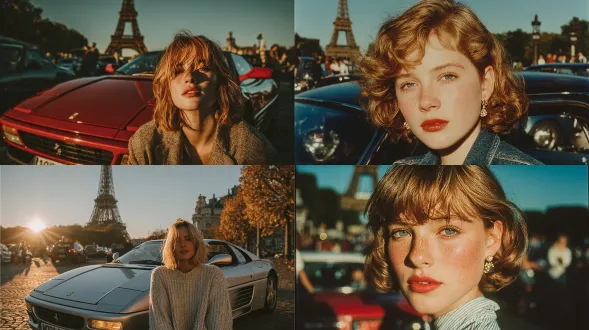 抓拍一位身着现代化90年代早期时尚风格的白人年轻女性全身照，她倚靠在一辆80年代晚期的法拉利上，背景是埃菲尔铁塔，处于巴黎一条繁忙街道中。光线是柔和的晨光且对比度低。为她打造浅草莓金发的波波头，嘴唇微微分开，要呈现出用相机拍摄的效果且让女性处于画面中心。