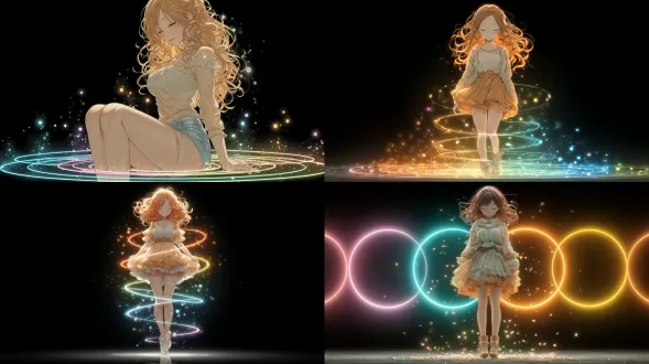 杰作、最高品质、超精密、动漫风格、一个少女、单人、年轻少女、闭眼、温和表情、明亮的波浪发、有体积的头发、带褶边的迷你连衣裙、有光泽的高跟鞋、悬浮、暗背景、黑背景、等间距垂直堆叠的多个明亮发光环、多个彩色风格化动漫风魔法阵（红、橙、黄、绿、蓝、靛蓝、紫的渐变）、闪烁粒子、魔法能量光环、体积照明、地面反射、高对比度