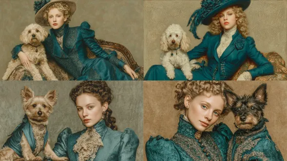 一位身着优雅蓝色连衣裙的美丽女子与她的小狗，风格效仿维托里奥马泰奥·科尔科斯，带有洛可可柔和色调，呈现油画般的电影质感，具备杰作级布光，背景为复古维多利亚风格，高度精细且焦点锐利，是艺术站热门的画作，采用画布油画形式，带有黄金时刻效果