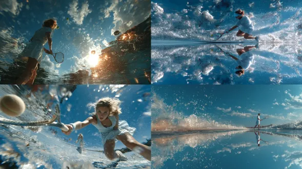 一个德国年轻女性在水面上打网球的镜像反射，网球发球接球，挥动网球拍，全身像，穿着浅蓝色衬衫、白色鞋子，无标志，无飞溅的网球场，镜像效果，对称构图，雨滴落下，晴天色调，高分辨率