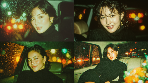 夜晚豪华轿车后座，年轻日本女性穿着黑色高领毛衣和紧身裙，优雅倚靠车窗，窗外霓虹灯光映照脸庞，柔和微笑，柯达金200胶卷质感，暖黄色调，浅景深，35mm胶片镜头，车窗雨滴朦胧光斑，城市夜景虚化，低调奢华，静谧氛围