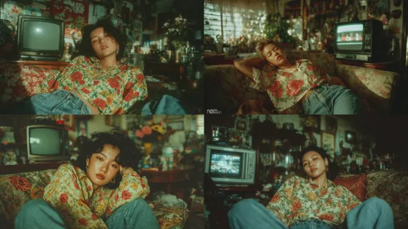 "港式风格女性，90年代香港客厅，躺沙发发呆，复古花衬衫，宽松牛仔裤，慵懒眼神，自然光透过百叶窗，柔和阴影，老旧电视，怀旧家具，胶片质感，暖色调，35mm镜头，生活气息，静谧氛围，怀旧感，浅景深，居家日常"