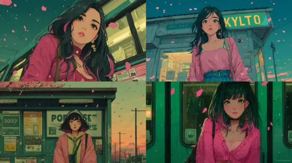 一位16岁的印尼女孩，有着柔顺亮泽的黑发，其间夹杂着柔和的粉彩色挑染，眼眸呈翠绿色，身形纤细。她穿着时尚的粉彩色开襟羊毛衫与裙子，搭配精致配饰，黄昏时分站在公交车站，周围有花瓣飘落，神情中带着淡淡的忧郁。画面为动漫风格，灵感源自《魔法少女小圆》，采用强烈对比、戏剧化光影与超现实氛围，配色为柔和的粉彩色系。