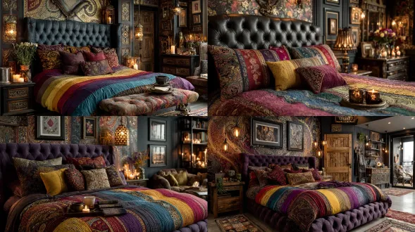 maximalist bedroom with rainbow striped bedding, paisley wallpaper, oversized tufted headboard, dopamine deco