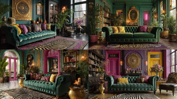 maximalist living room with emerald velvet sofa, zebra-striped rug, oversized golden mirror, neon accents, dopamine decor vibe