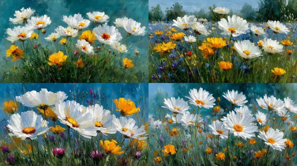 oil painting, white daisies and yellow wildflowers in the grassy meadow, spring flowers in full bloom with green leaves, light blue sky background, floral art style, impressionist oil painting with thick brush strokes, close-up shot of a wildflower bouquet, soft colors, detailed, high resolution, high detail, sharp focus, super realistic, studio lighting.