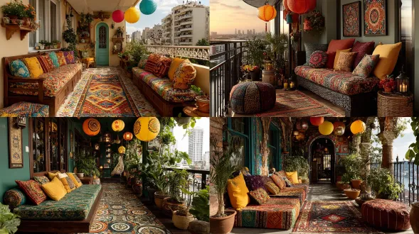 eclectic maximalist balcony, patterned cushions, neon lanterns, vibrant eclectic textiles everywhere