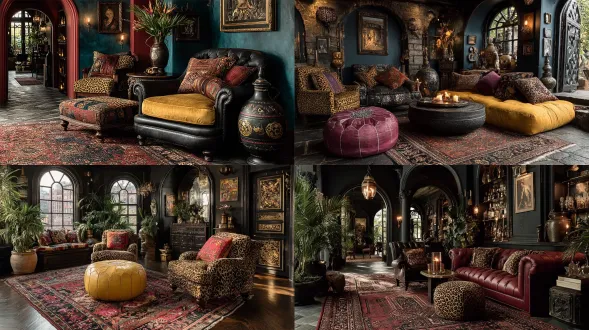 maximalist living space with layered oriental rugs, leopard-print armchairs, jewel-toned cushions, eclectic dopamine style
