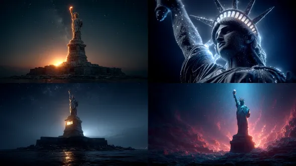 霓虹风格的自由女神像，背景是繁星点点的夜空。超写实，4k，上帝光，高度细节，vray 渲染，unreal engine。酷炫、惊艳，全身展示，高度设计感，戏剧化，超精细