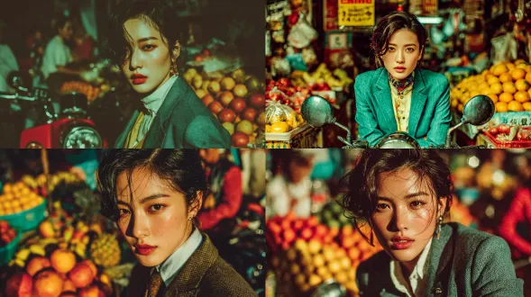 韩国模特兼女演员身着西装与白衬衫，在越南河内狭窄的街道上骑摩托车穿行。背景是热闹的街头市场，满是色彩鲜艳的水果，光线温暖且极具戏剧感。整体采用超写实摄影风格，富有电影质感。