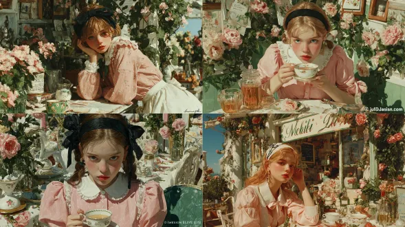 一张超写实8k全身照，画面中是一位梦幻风格的年轻韩国模特。她有着直顺的金棕色长发，用黑色丝带发箍束在脑后，肌肤如瓷。上身穿着带有彼得潘领的粉蓝色复古风衬衫，下身搭配白色a字裙，妆容淡雅，唇色是柔和的粉色。她在一家充满奇趣风格的早午餐咖啡馆花园里，好奇地望着一只茶杯。花园中鲜花与藤蔓环绕，整体呈现出浪漫甜美的“女友风”美学，画面高度写实，非卡通风格