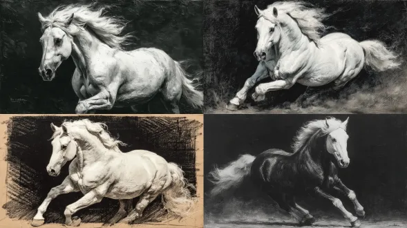 一匹奔腾的马的有力白色粉笔素描，在黑色纹理背景上，以粗犷而动感的线条捕捉原始能量和肌肉运动