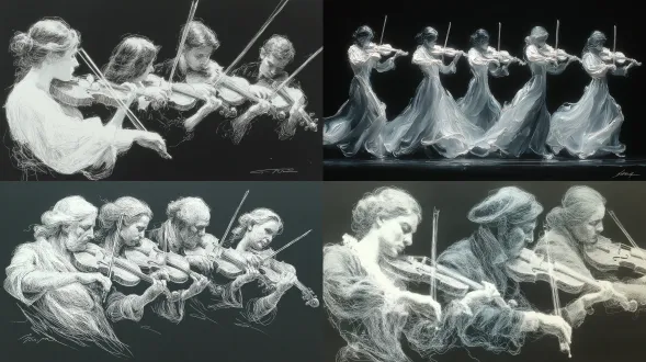 富有表现力的白色书法线条画，小提琴手全神贯注于她们的演奏，流畅而富有情感的笔触暗示着音乐的流动，在黑色背景上