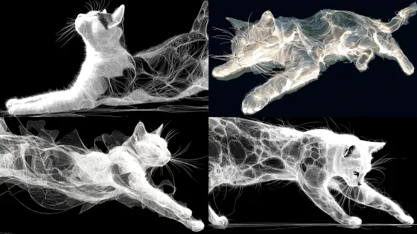 一幅连续的白色线条画，描绘了一只猫伸展着身体，优雅而灵活的线条捕捉了它流畅的解剖结构，极简主义的动物肖像，在黑色背景上