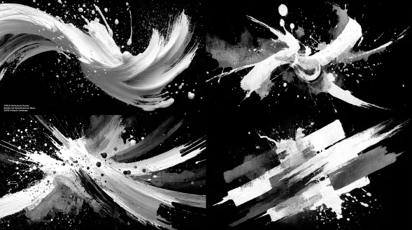 富有表现力的白墨笔触绘画，抽象风格，黑色画布上大胆宽阔的线条，动态流畅，情感强烈，极简构图，黑白对比，高光泽度，泼墨效果，现代艺术，抽象表达，粗犷笔触，飞溅痕迹，视觉冲击力，留白技巧，深度层次，水墨质感，动感张力，空间平衡。