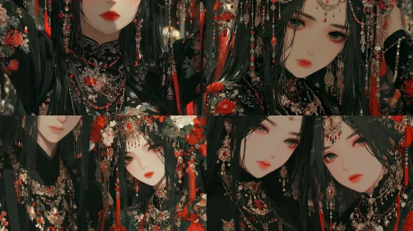 细腻数字插画，东方幻想风格，华丽服饰，黑色长发，复杂饰品，项链和发饰，暗色调，深棕、黑色、暗金色点缀，红色细节，光滑肌肤，精致刺绣，光影丰富，夜晚氛围，华丽神秘，高品质cg艺术