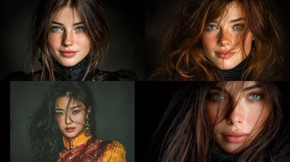 东方美人，披肩柔顺长发，肤白貌美，高清，高级，高贵，典雅，秀丽，完美，清纯，优雅，背景深色背景，32k眼神自然的看向镜头