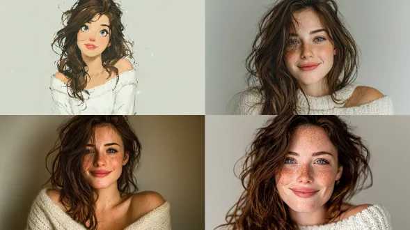 一位优雅描绘的年轻女性，她有着长而波浪状的棕色头发和温柔的微笑。她穿着一件白色露肩毛衣。背景是中性且无特征的，确保焦点保持在她的身上。她的妆容很自然，增强了她的年轻外观。画面中没有其他物体或人物。