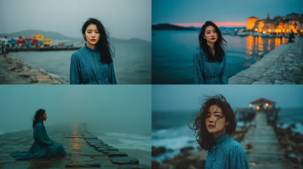 超真实，柔光，光影对比，写真照片，人像写实摄影，朦胧感，氛围感，杰作，亚洲美女，在落日余晖的海边栈桥，一位娴静温柔的中国女孩，长发飘飘，身着海蓝色的长裙，安静眺望，营造出诗意的氛围，胶片风