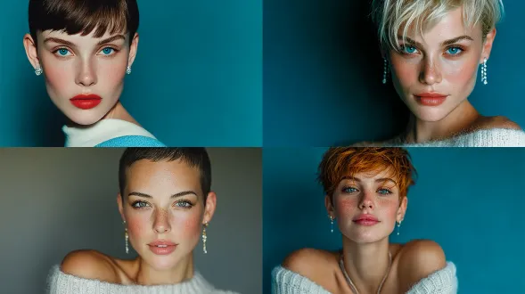 高清微距画面里，美女冷白皮细腻光滑，泛着柔和的光泽，脸颊的红润恰似冬日暖阳映照的玫瑰。她留着一头利落的短发，发尾微微内扣，显得精神奕奕。眉毛如柳叶般修长，眉峰微微上扬，尽显英气。双眸明亮而坚定，犹如深邃的湖水。高挺的鼻梁下，淡粉色的唇彩为她增添几分柔和。耳朵上佩戴着简约的钻石耳钉，闪烁着低调光芒。身着白色露肩短款上衣，露肩设计展现出精致的锁骨与圆润的肩头，衣服修身剪裁凸显纤细腰肢。下身搭配浅蓝色高腰阔腿裤，高腰设计拉长腿部线条，阔腿裤版型大气，与浅蓝色背景融为一体，尽显时尚简约的气质女神范。