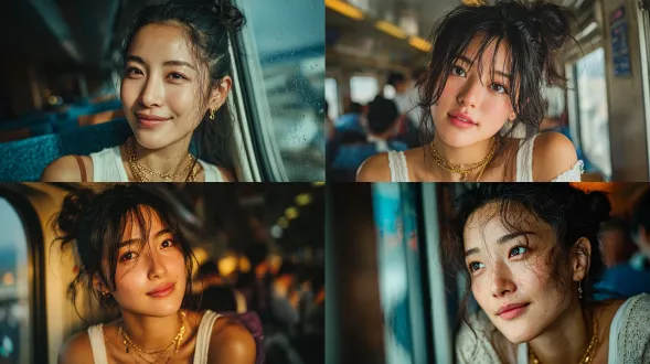 高铁上的中国女孩，皮肤白皙如雪，脖子上带着一个金色纤细的项链，五官精致，青春可爱，凌乱的束发，穿着白色的紧身吊带背心，牛仔短裤，面部清秀，大大的眼睛，长长的睫毛，眼睛看向窗外，若有所思，冷白皮色调