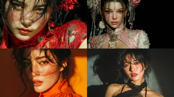 中国美女小姐姐，漂亮脸蛋，时尚服饰，轻薄睡裙，露单肩，阳光透射过头发丝，轮廓分明，肤白貌美，高清，庄雅，画面质感佳，背景纯色，光线明亮，人物摄影写真。风华绝代，明艳妩媚，超高清，写真