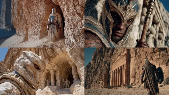 一名士兵手持古矛雕刻石灰岩，在沙漠峡谷壁上雕刻着一座巨大的埃及式神庙入口。他那龟裂如石的肉上隐约泛着金色的纹路，裹在破旧的石板上，经过了几个世纪的风化。这个战士在细节上独一无二，但却像雕像一样静止和沉默。沙子从他的脚下飘过，峡谷高耸在他身后，史诗般的、电影般的、真实的、超细节的