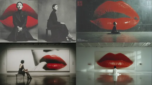 赫尔穆特·牛顿 （helmut newton） 拍摄的极简主义、逼真的亚洲女性坐在巨大红唇上的背面和脸部