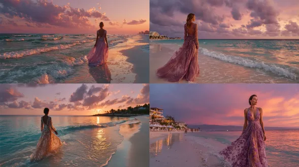 金色的夕阳洒在宁静的海洋上，柔软的波浪拍打着白色的沙滩，穿着流动雪纺连衣裙的女人，织物捕捉着晚风，温暖的光芒反射在裙子上，地平线融入柔和的粉红色和紫色色调，裙子上精致的蕾丝刺绣，水面上柔和的光线散射，被黄昏照亮的错综复杂的花朵图案，高度精细的织物纹理，超现实的灯光，电影般的构图，点缀着云朵的戏剧性天空。