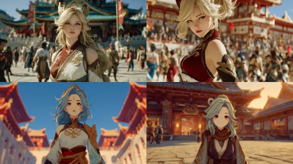 shenhe，genshin impact，cg，电影灯光，3d，超真实感，电影截图，中镜头，正面视图，直接面对相机，站立姿势，优雅姿势，详细表情，白皙皮肤，精致，佩戴武器，空中阁楼古建筑群背景