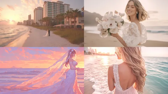 金色的夕阳洒在宁静的海洋上，柔软的波浪拍打着白色的沙滩，穿着流动雪纺连衣裙的女人，织物捕捉着晚风，温暖的光芒反射在裙子上，地平线融入柔和的粉红色和紫色色调，裙子上精致的蕾丝刺绣，水面上柔和的光线散射，被黄昏照亮的错综复杂的花朵图案，高度精细的织物纹理，超现实的灯光，电影般的构图，点缀着云朵的戏剧性天空。