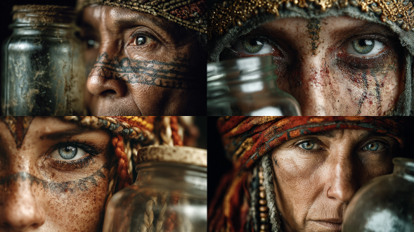 female shaman looking with one eye through a glass jar