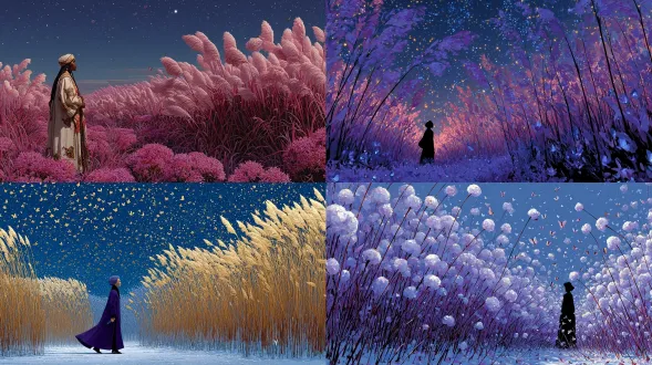 一幅女王画，一片纯白的蒲原，红紫色的水晶，画有蝴蝶的画布，星空，闪闪发光，插画风格，少女感