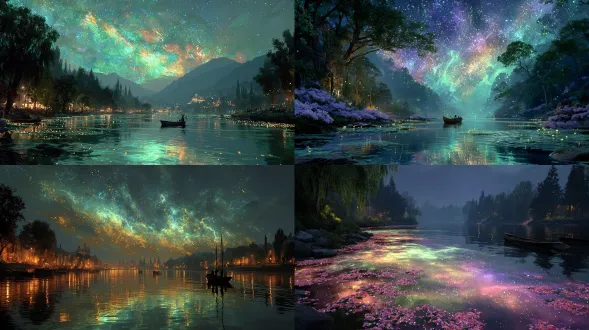 夜空绚丽多彩，繁星点点，雷电交加。船只与玫瑰漂浮在河面上，河水映照出蓝色天空。两岸绿树掩映。michael james smith 哑光绘画，倒影效果，cg 渲染，体积光，太空艺术，生物荧光，unreal engine 5，光之魔法，渲染引擎，超广角，高清 8k。