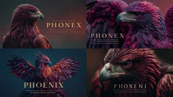 强大的书籍封面设计，以雄伟的凤凰从发光的灰烬中升起，翅膀以深李子、柔和的薰衣草和金属金色为色调展开。背景：干净、现代的设计，带有微妙的南方天空渐变（暗紫色逐渐变成温暖的暮色橙色）。优雅的衬线字体字体，标题“凤凰”，大胆的金色，下面是柔和的白色副标题“重生和韧性”。凤凰象征着重生和坚韧，女性化而凶猛，散发着幽默和胜利的气息。极简而戏剧性的构图，电影般的高分辨率书籍封面插图