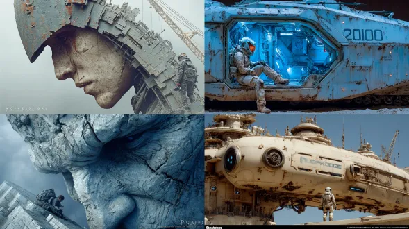 史诗般的，超现实的照片，在一个300米的攻城机械“巨像”的巨大的35米指挥桥头上的极端特写。一个微小的外部龙门架与一个清晰可见的，详细的操作员在战术装备提供了一个明确的规模参考。头部覆盖着极厚的层状装甲板，上面有可见的应力裂缝和烧蚀涂层。野兽派建筑的美学遇到了压倒性的力量。拍摄imax 70mm，使用panavision ultra panatar 70mm变形镜头，模仿柯达vision3 250d胶片。深聚焦，细膜颗粒，清洁的蓝色变形耀斑从发光的能量管道。垂直9:16格式。-无插图，3d渲染，数字艺术，视频游戏，抛光，清洁，玩具，原理图，图表，蓝图，单色