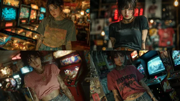 半现实主义、照片级真实细节、真实皮肤、真实头发、真实细节、高细节、动态拍摄角度、女性、年轻人、凌乱的黑发、蓝眼睛、有黑色纹身的皮肤、穿着t恤和宽松的牛仔裤、时尚时尚、双手插在口袋里随意站着、懒散放松的姿势、背景是拱廊、冷色调照明