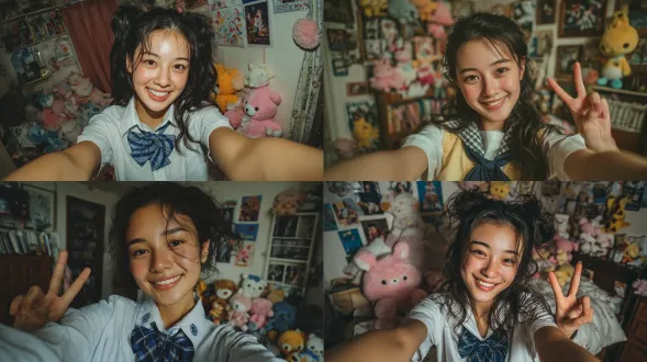 一个可爱的亚洲女孩在自拍，她穿着经典的水手风格jk制服，包括白色衬衫、藏青色领带和格子百褶裙。她有着略带波浪的长发和清新自然的妆容，对着手机镜头露出灿烂开心的笑容，另一只手比出可爱的v字手势。构图模仿了智能手机前置摄像头的视角，带有轻微的鱼眼镜头效果。背景是她舒适的卧室，散落着书籍和可爱的毛绒玩具，营造出逼真的氛围。光线是柔和的室内自然光。色彩明亮清新。照片风格模拟了智能手机自拍，带有轻微的皮肤磨皮和美颜滤镜效果。