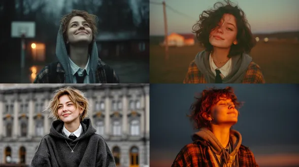 远景构图，局部打光，明暗对比，姿态放松，20岁俄罗斯女子，卷曲的短发，深灰色卫衣，内搭白色衬衫黑色领带，腰间系着格子衬衫，头后仰，浅笑