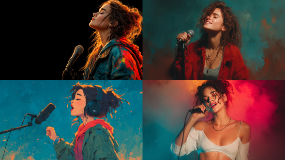 一位可爱又有型的年轻女孩对着麦克风唱歌，身着现代休闲装，拥有自然美感，画面光线柔和、色彩鲜明，呈现出照片级写实肖像效果，细节丰富，极具电影质感，姿势富有动感。