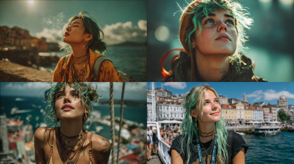 z世代年轻女性旅行探险家摄影作品，风格偏中性，兼具时尚感，她有着绿色头发，抬头仰望，采用极低角度拍摄视角，背景是城市与大海，画面设定在白天，有阳光照射，背景呈青绿色调