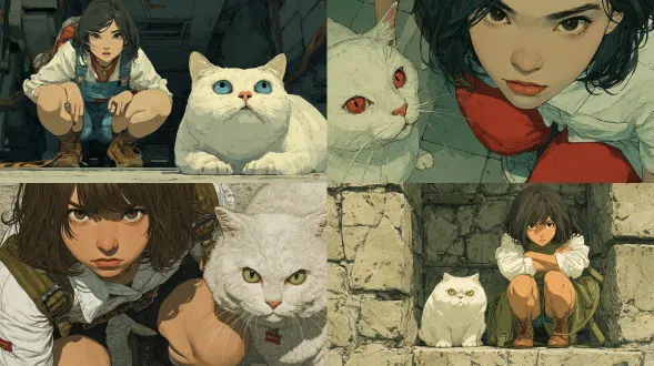 中景，一个无情的少女和一只愤怒的白猫的高级时尚插图，穿着时尚服装，白色宽松衬衫，蹲着，棕色短发，灰色线条，精致的脸，详细明亮的圆眼睛，暗室，井上武彦，席勒，舞台灯光，逼真的超细节，复杂的插图，惊人的时刻，动态姿势，cabincore，mote-kei，uhd，16k