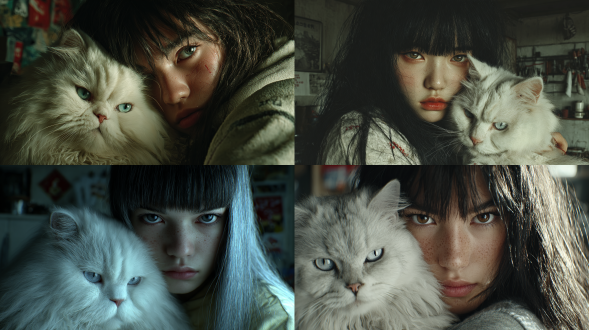 面部特写、女人、怀里的长毛白猫（蓝眼睛）、恼怒的表情、黑色长发、刘海、睡衣、细节外观：城市主题公寓带兜帽的客厅，凌乱的厨房、早晨、躺下、白色文化、韩国偶像风格、高对比度的强边缘照明、电影阴影、真实感渲染、背光强调的侧光、半现实主义、高对比光、模糊的背景