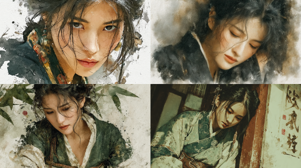 一个民国风女人，大师级制作，华丽水墨人物插画，水墨湿笔勾线+回折处干脆利落，水墨晕染上色，叠涂，弥散渐变，画面拼贴，色彩饱满有层次，水迹点染，金色银色点缀，宣纸质感，磨砂颗粒质感，人物特写，正面俯瞰构图，艺术留白，浅景深，，主题枯萎，主色竹青+素白 背景深色系，云肩+两鬓长发+墨色卷发青年女子倚在窗边，衣服材质随机组合：纱质+丝绸，对襟齐腰，繁复垂坠褶皱+华丽丰富饰品+传统暗纹纹理，情感丰沛，呼吸感，意境深远，空灵，朦胧，迷幻，浪漫，梦幻，民国风服饰