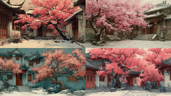 古风，故事感，戏剧化场面，情景再现，空间感， 水粉，水彩，唯美插画，古风美人，弥散渐变效果，色彩层次感，磨砂肌理，颗粒质感，色彩叠涂，大色块笔触，色彩饱满，明暗对比强烈，，满院东风，海棠铺绣，梨花飘雪，大师级作品，细节丰富，细节优化，高清图，绝美容颜， 俯瞰视角，亮色系，暖色调，配色：粉色+白