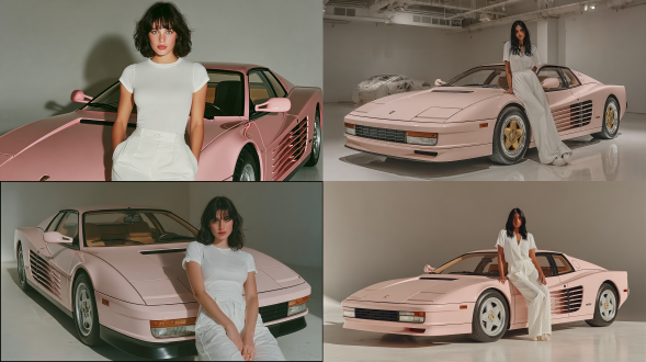 一位留着黑色头发、有着绿色眼睛的年轻欧洲女性，在整洁 pristine 的白色工作室中摆出自信的时尚姿势，倚靠在一辆玫瑰粉色的时尚白色法拉利testarossa上，她身着全白休闲装，短袖短t恤，背景是无尽的白色，采用电影灯光，光线照在她脸上并反射在她皮肤上，是高级时尚编辑摄影，超细节，8k分辨率，具有极简主义美学，柔和阴影，营造奢华氛围，使用中画幅相机，模拟风格，人像400