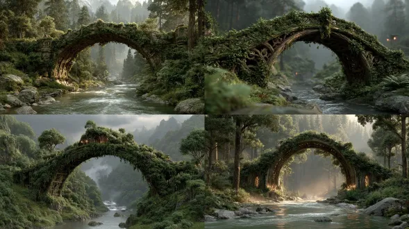 史诗风格哑光画，精灵之桥由树叶树枝编织，横跨咆哮河流，巨大跨度，薄雾笼罩，森林背景，柔和散射光，神秘氛围，暖绿与金色调，微光细节，广角镜头，景深效果，古老符文雕刻，自然纹理，梦幻空灵，宁静与敬畏感。