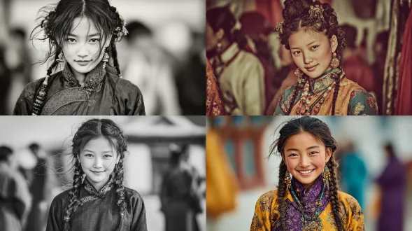 一个身着中国藏族服饰的年幼女孩处于青藏高原的环境之中。这位容貌极为姣好的女孩身着中国藏族服饰且佩戴着藏族发饰。玛藏族的传统服饰与帅气建筑极富艺术气息。拍摄风格及技法为：带有镜头颗粒感的实时相机照片。多样的姿态如同白昼里的日落般照亮场景，令她极度愉悦。因运动模糊，背景呈现出条纹效果，传递出幸福自由之感。具备难以置信的细节、锐化处理、专业的细节布光、摄影布光、lightroom画廊+行为摄影+无闪光色调、柔光、自然光、颗粒质感、电影风格、复古风格、怀旧风格、广角、背景虚化。梦幻现实主义、幸福、日落相关元素：（笑脸特写：1.4）、（扭曲奔跑姿态：1.3）、（风中飘动的面纱：1.3）、（胶片颗粒：1.2）照片用复古胶片相机拍摄，具有颗粒质感、柔焦和动态模糊效果。风格为复古摄影，捕捉前景模糊的特写照片，展现90年代的时尚美学。她的脸部被闪光灯照亮，整体呈现出带有胶片光晕和vhs滤镜效果的颗粒感老照片。