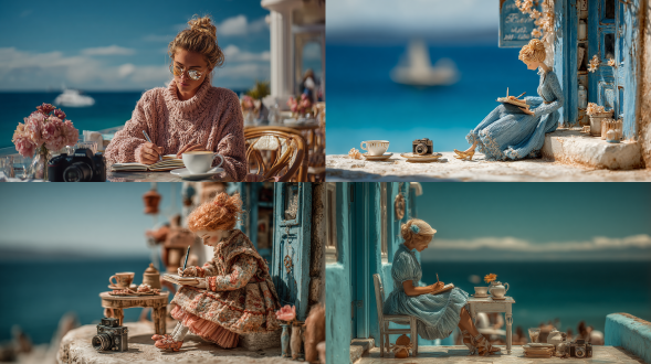 一个洋娃娃模样的女子坐在小咖啡馆的露台，正用钢笔在日记本上书写，她的咖啡杯旁有一朵花和一台相机。背景是湛蓝的天空与大海，营造出浪漫宁静的氛围。